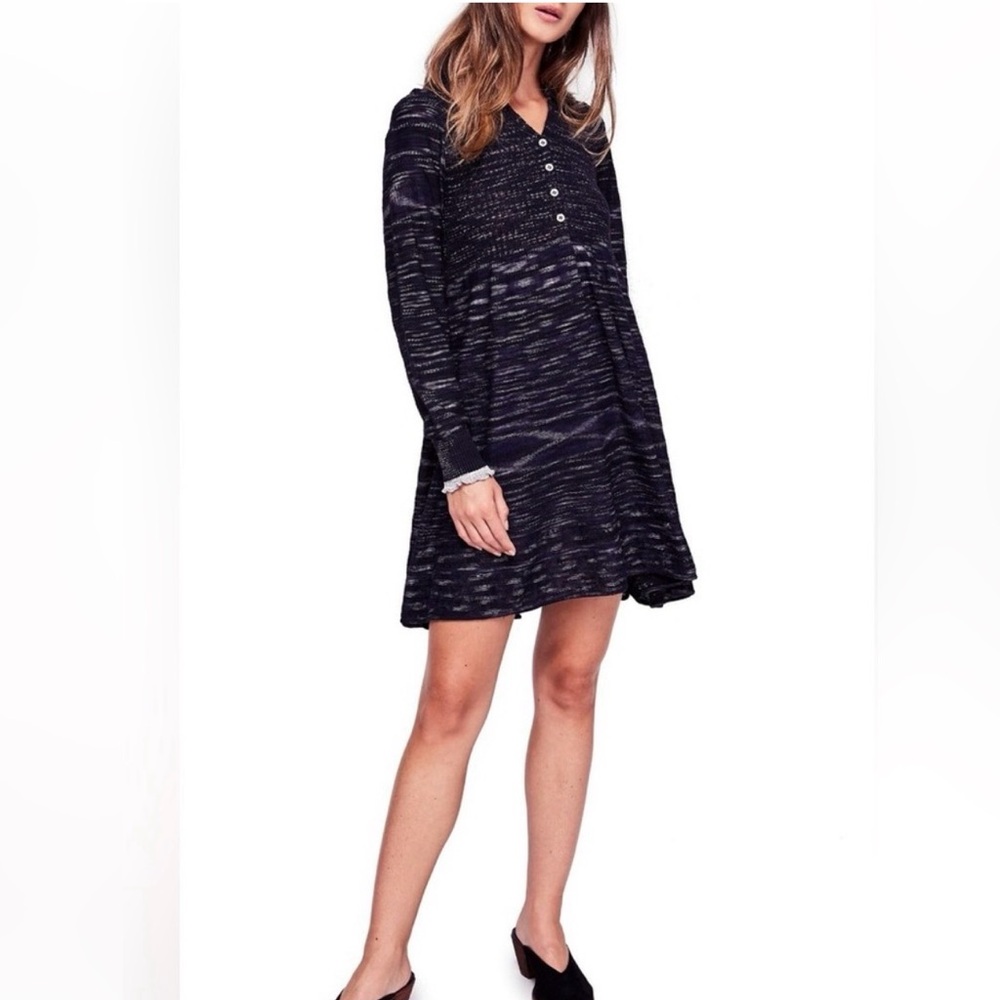 Free People Navy Heathered Long-Sleeve Collared Knit Dress